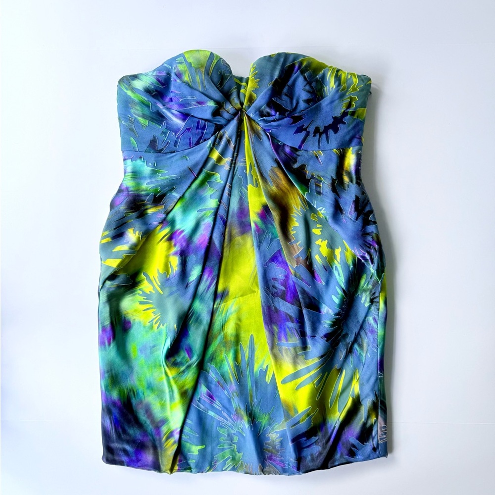 NWT Matthew Williamson Strapless Drape Corset Satin Devore Dress Blue Green 8 US